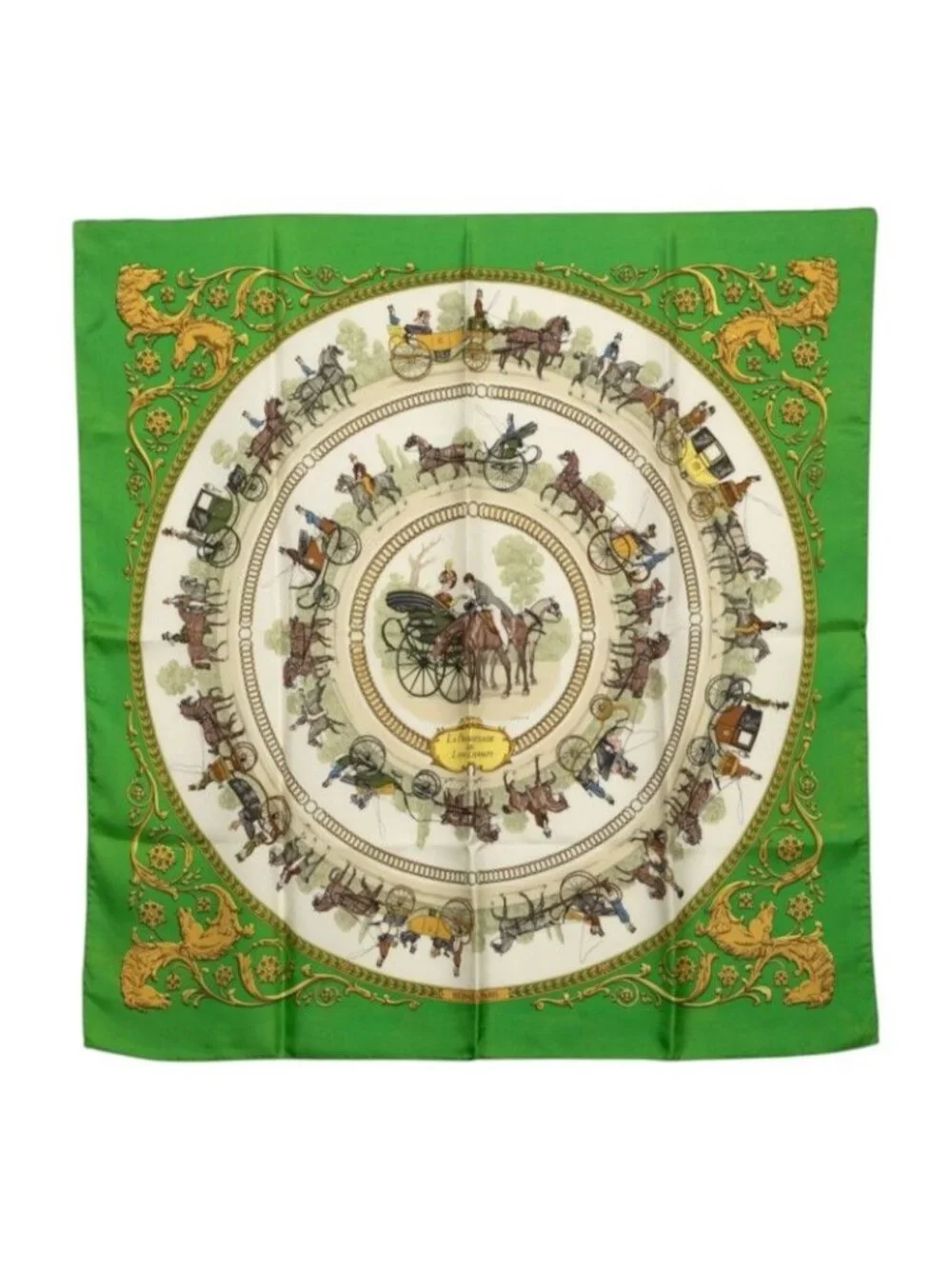 Hermes Carre 90 la Promenade de Longchamps Walkway to Ron Chien Scarf Green